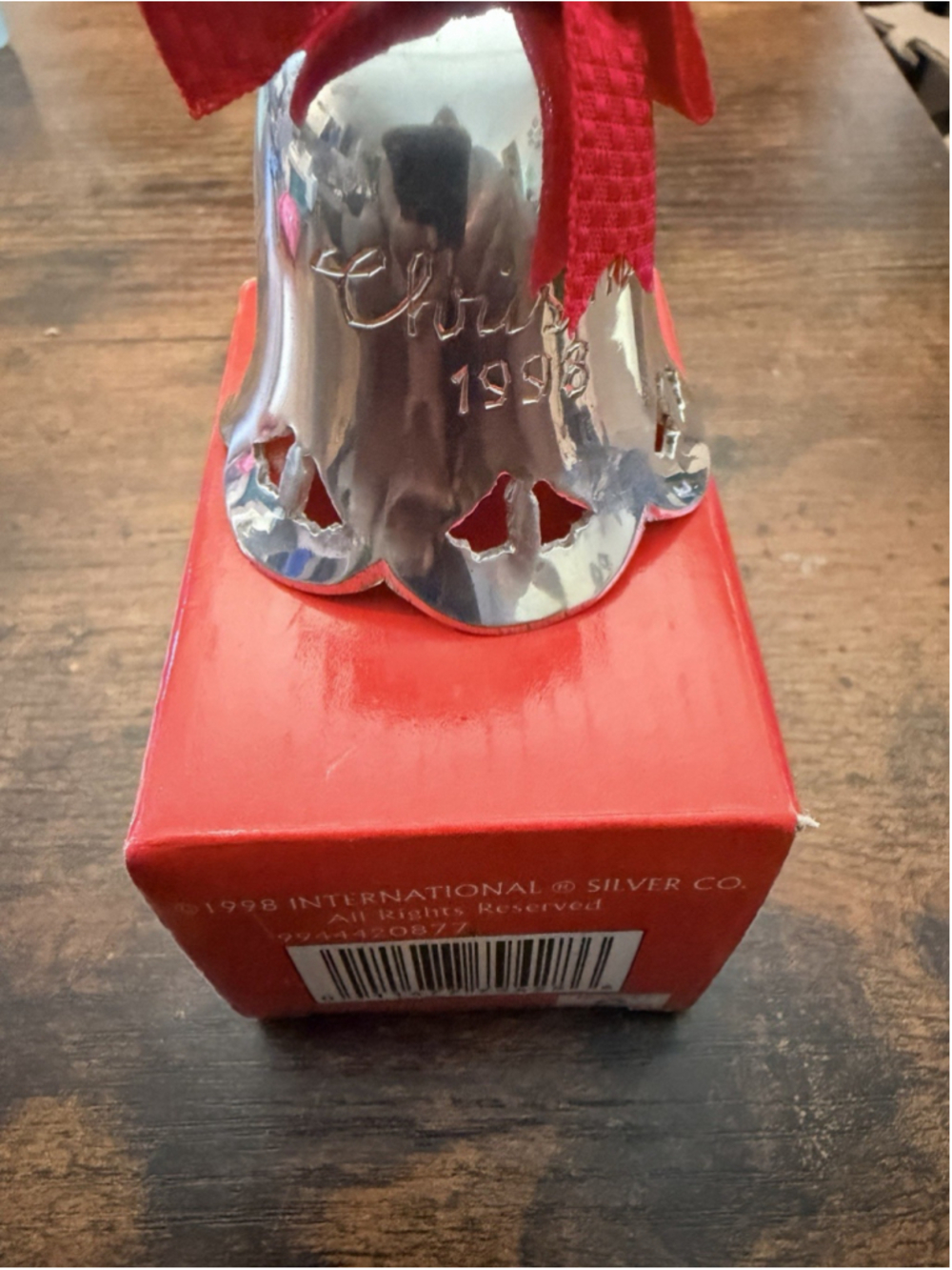 1998 International Silver Co Silverplated Christmas Bell Engraved Ornament Box